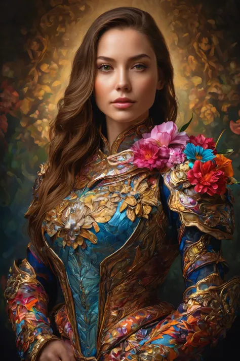 (best quality, realistic, high-resolution), colorful portrait of a woman with flawless anatomy. She is wearing a stunning flower dress that compliments her vibrant personality. Her skin is extremely detailed and realistic, with a natural and lifelike texture. The background is dark, which creates a striking contrast to the colorful flowers adorning her armor. The flowers on her armor represent her strength and beauty. The lighting accentuates the contours of her face, adding depth and dimension to the portrait. The overall composition is masterfully done, showcasing the intricate details and achieving a high level of realism, Realistic