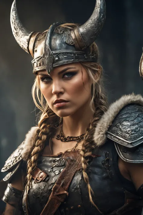 (a fierce viking warrior with a fierce expression, wearing leather armor and a horned helmet), beautiful detailed eyes, beautiful detailed lips, extremely detailed eyes and face, warrior attitude, grim and strong appearance, strong and muscular build, standing confidently in a dramatic pose, holding a battle axe raised high, brandishing an intimidating sword, powerful presence, strong and determined facial expression, scars and battle wounds on her face, viking-inspired tattoos covering her arms and body, a tattoo of a dragon on her neck, cinematic lighting and composition, dramatic shadows and highlights, photorealistic textures and details, realistic and vibrant colors, vivid backgrounds and landscapes, highly detailed hair and braid styles, masterpiece quality and resolution, powerful and cinematic atmosphere, creating a sense of awe and intimidation.