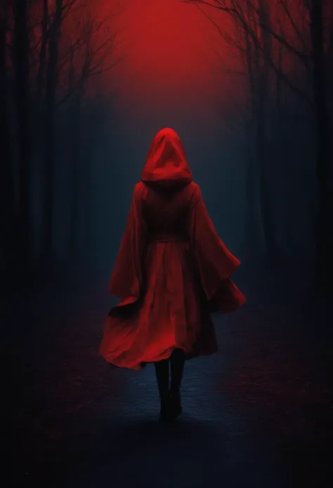 abstract style (dark magic, grimdark, creepy tale:1.15), young woman, walking away, red clothes, red hood, colorful, dark background, dramatic atmosphere, style of Sui Ishida and Stan Manoukian,
. non-representational, colors and shapes, expression of feelings, imaginative, highly detailed