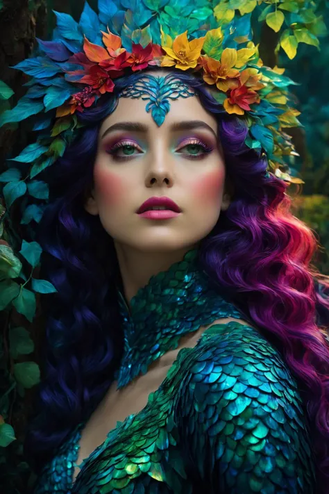 (best quality, 8K, highres, masterpiece), ultra-detailed, (cinematic, vibrant colors), filmed by Guillermo del Toro, Within a deep and vividly colorful forest, an enigmatic being emergesâan exquisite amalgamation of flora and fauna. Picture vines with a riot of colors for hair, eyes gleaming like vibrant embers, and skin adorned with iridescent scales that create a mesmerizing display of hues, Leonardo, Leonardo Style,<lora:EMS-256111-EMS:0.800000>,<lora:EMS-262287-EMS:0.600000>