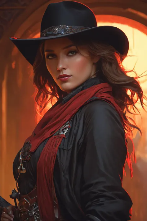 (Create an extraordinary 3D rendering) of a ((female gunslinger)) donned in a captivating mix of ((red and black cowboy outfit)) with a matching hat. The gunslinger should be captured in a ((mid-body portrait)) walking the dusty roads of ((Dodge City)). Utilize a ((dim volumetric lighting)) to add cinematic ambiance,  emphasizing the ((intricate details)) of the outfit. Render in ((8K Octane)),  showcasing the epic composition inspired by the styles of ((Artgerm)),  ((Greg Rutkowski)),  and ((Alphonse Mucha)). Apply post-processing techniques for an oil-paint effect,  creating a ((stunning masterpiece)) with extremely ((hyper-detailed)) features. Ensure the final image is perfect for trending on ((ArtStation))