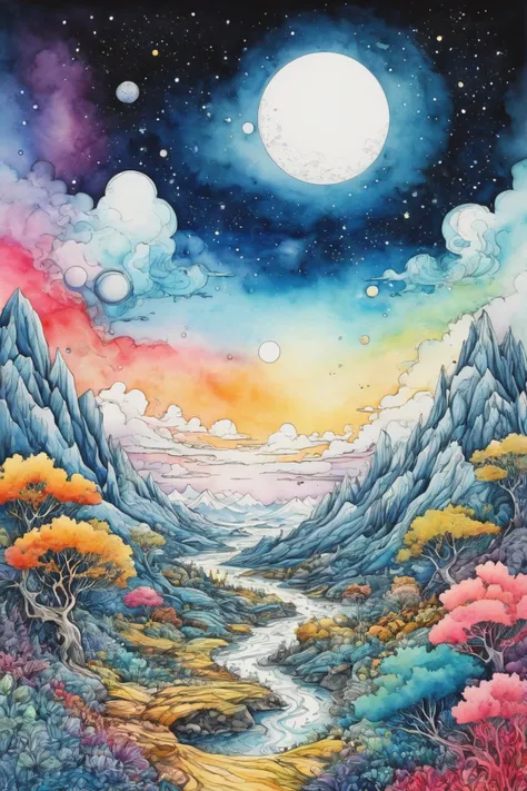 (((masterpiece))),(((best quality))),((ultra-detailed)),
line art drawing colored with watercolor Explore a hidden realm where dreams take physical form, night, and dreamers can navigate their own dreamscapes. Picture surreal landscapes, floating emotions, and the exploration of the subconscious mind, a concise picture, gravity defying, sloppy color,
sleek, modern, minimalist, graphic, line art, vector graphics,