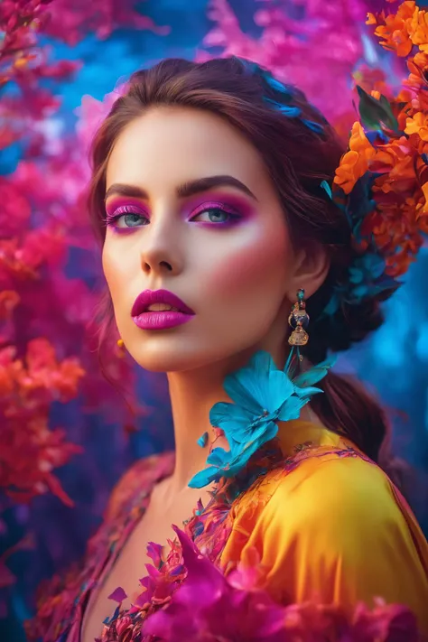 (photography:1.2), (vibrant and surreal:1.3), An extraordinary 8K photograph that transports a woman into a surreal, dreamlike world of vibrant colors and dramatic lighting. She stands amidst a fantastical, ethereal landscape that complements her finely detailed features, including her captivating eyes and flawless skin. The background is an otherworldly canvas of vivid, magical hues, creating a visually stunning and photorealistic masterpiece that merges the beauty of the subject with a surreal and vibrant environment.