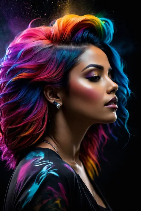 best quality,  32K,  highres,  masterpiece),  ultra-detailed photography capturing a woman with vibrant ombre hair in a side view. The scene is set in a (dark room photography) illuminated by a burst of (super colorful dust splash) in the background. A tattooed man complements the composition,  adding an edgy and dynamic element to the visually stunning and holi colors-inspired imagery,  Leonardo,  Leonardo Style,<lora:EMS-262287-EMS:0.600000>,<lora:EMS-256111-EMS:0.800000>