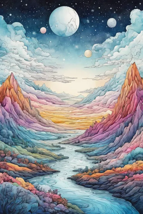 (((masterpiece))),(((best quality))),((ultra-detailed)),
line art drawing colored with watercolor Explore a hidden realm where dreams take physical form, and dreamers can navigate their own dreamscapes. Picture surreal landscapes, floating emotions, and the exploration of the subconscious mind, a concise picture, gravity defying,
sleek, modern, minimalist, graphic, line art, vector graphics,