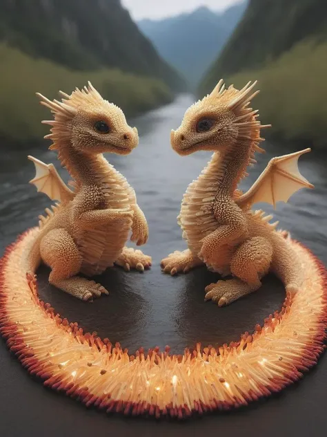 fey, Adorable, miniature dragons breathing tiny puffs of fire, with a river flow in the background   made of ais-matches <lora:Matches_Style_SDXL:0.8> ais-matches,