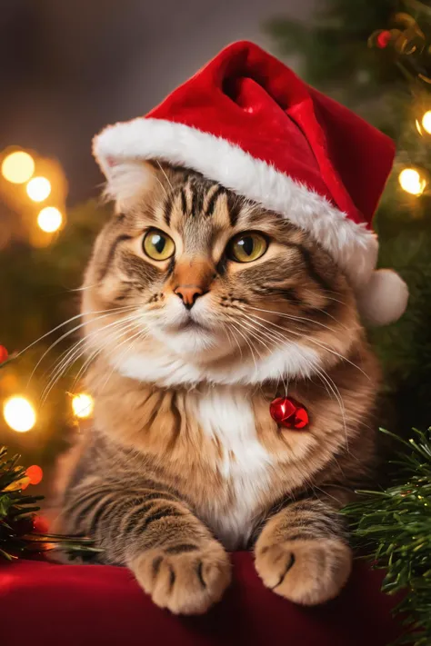 (best quality, realistic), cat, santa hat, cinemas theme, soft fur, fluffy whiskers, playful expression, curious eyes, cozy winter atmosphere, ornamental details, delicate snowflakes, sparkling lights, joyful colors, memorable moment, artistic composition, professional artwork, seasonal charm, warm holiday vibes, colorful decorations, eye-catching backdrop, vibrant red and green tones, soft and magical lighting, happy and festive ambiance, theatrical elements, detail-rich painting, vivid and lifelike image, enchanting holiday spirit, cherished memories, heartwarming scene