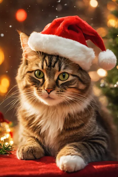 (best quality, realistic), cat, santa hat, cinemas theme, soft fur, fluffy whiskers, playful expression, curious eyes, cozy winter atmosphere, ornamental details, delicate snowflakes, sparkling lights, joyful colors, memorable moment, artistic composition, professional artwork, seasonal charm, warm holiday vibes, colorful decorations, eye-catching backdrop, vibrant red and green tones, soft and magical lighting, happy and festive ambiance, theatrical elements, detail-rich painting, vivid and lifelike image, enchanting holiday spirit, cherished memories, heartwarming scene