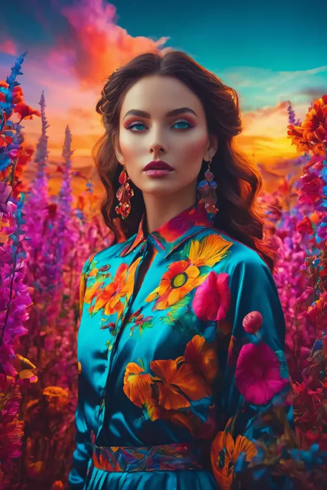 (photography:1.2), (vibrant and surreal:1.3), An extraordinary 8K photograph that transports a woman into a surreal, dreamlike world of vibrant colors and dramatic lighting. She stands amidst a fantastical, ethereal landscape that complements her finely detailed features, including her captivating eyes and flawless skin. The background is an otherworldly canvas of vivid, magical hues, creating a visually stunning and photorealistic masterpiece that merges the beauty of the subject with a surreal and vibrant environment.