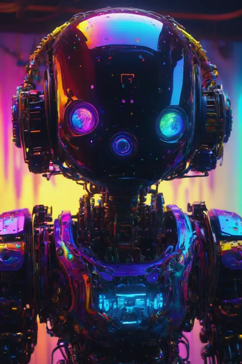best quality, 8k, ultra-detailed, realistic:1.37, vibrant colors, vivid shading, breathtaking portrait of an mechanical robot, internal components exposed, mesmerizing eyes, intricate details, otherworldly texture, intricate complexity, surreal atmosphere, dark shadows, inverted neon rainbow drip paint, ethereal glow, hypnotic energy, transcendent beauty, mystical aura, octane render