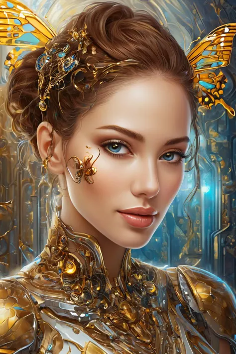 A (highly detailed, elegant) portrait that seamlessly combines elements of digital photography and surreal painting. The subject is a beautiful cyborg with (intricate, majestic) features and brown hair. cute smile, Her cybernetic enhancements are adorned with a (golden butterfly filigree) that adds an element of mystique. The scene is set against a backdrop of (broken glass), creating a unique and captivating blend of beauty and surrealism.