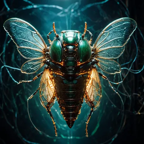 cinematic film still of a translucent (cybernetic robot-like Cicada:1.5), (glowing veins:1.3) (cables going into body, circuits:1.3), extremely detailed,, vignette, highly detailed, high budget, bokeh, moody, epic, gorgeous, film grain, grainy
<lora:xl_more_art-full_v1:1>, Masterpiece realistic, best high quality, perfect details, intricate details, nice lighting, detailed background,