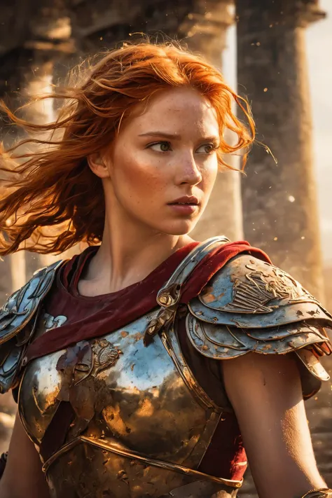 (Create an epic and detailed masterpiece) in a ((comic style)) featuring a ((Roman ginger-haired girl)) as a gladiator engaged in a fierce battle within the Coliseum. This composition should be a ((close-up portrait)) capturing the girl in a ((dynamic pose)) with dramatic ((lighting)) on her face, creating a captivating play of shadows. Utilize ((triadic colors)) and a ((detailed splatter ink)) effect to enhance the intensity. Focus on creating a highly detailed image, emphasizing the girl's perfect face, sharp, glowing eyes, and intricate pose, making it a tiny details masterpiece in ((high quality))