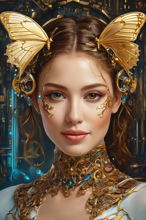 A (highly detailed, elegant) portrait that seamlessly combines elements of digital photography and surreal painting. The subject is a beautiful cyborg with (intricate, majestic) features and brown hair. cute smile, Her cybernetic enhancements are adorned with a (golden butterfly filigree) that adds an element of mystique. The scene is set against a backdrop of (broken glass), creating a unique and captivating blend of beauty and surrealism.
