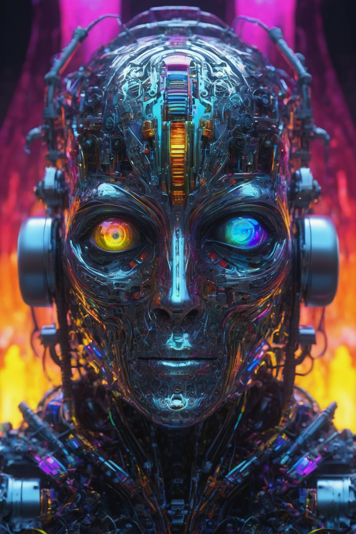 A close up of a robot with headphones on and glowing eyes - SeaArt AI