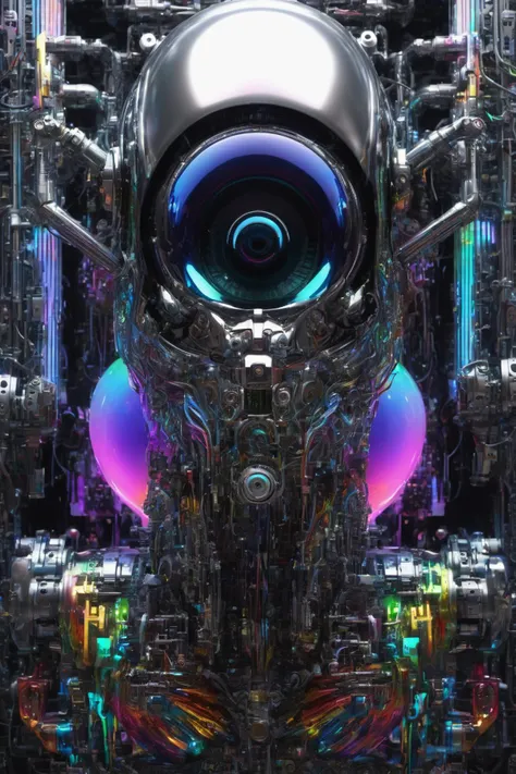best quality, 8k, ultra-detailed, realistic:1.37, vibrant metallic silver, vivid shading, breathtaking portrait of a huge mechanical sentient computer, cameras for eyes, internal components exposed, intricate details, otherworldly texture, intricate complexity, surreal horror atmosphere, dark shadows, inverted neon rainbow drip paint, ethereal glow, hypnotic energy, transcendent beauty, mystical aura, octane render, futuristic, complexity and chaos