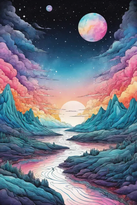 (((masterpiece))),(((best quality))),((ultra-detailed)),
line art drawing colored with watercolor Explore a hidden realm where dreams take physical form, night, and dreamers can navigate their own dreamscapes. Picture surreal landscapes, floating emotions, and the exploration of the subconscious mind, a concise picture, gravity defying,
sleek, modern, minimalist, graphic, line art, vector graphics,