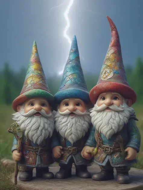 immortal, Darling, tiny gnomes with colorful hats and bushy beards, with a lightning strike in the background    made of ais-mosaic <lora:Mosaic_Texture_SDXL:0.8>