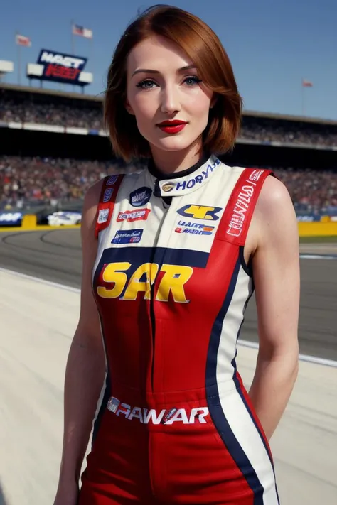 caricevanhouten, ((detailed skin, detailed face,detailed eyes, beautiful eyes)), ((red lipstick, blush, eye shadow, eyeliner, pale skin)),  photo of a woman, ((short hair, nascar outfit, nascar jumpsuit, race car, race track, outdoors)), (cowboy shot, waist, hips, thighs)