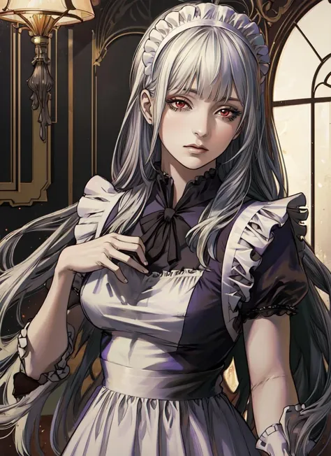 (best quality), (masterpiece), (solo), Whitegirl, long hair, maid, red eyes, looking at viewer, mansion, <lora:Whitegirl:0.7>