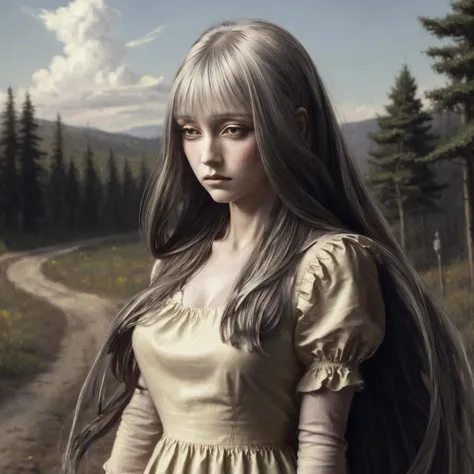 (masterpiece:1.2), best quality, <lora:Whitegirl:0.9>, Whitegirl,long hair, moutains, dirt road,dress,yellow dress, skirt, shirt, neckline, high heel,legs, (melancholy:1.1),((sad:1.2)) <lora:Beautifuleyes:0.5>, beautiful eyes, <lora:Adddetail:0.5>, add_details, medium breasts, best quality, ultra detailed, absurdres,8K, (best illustration), (best shadow), red eyes