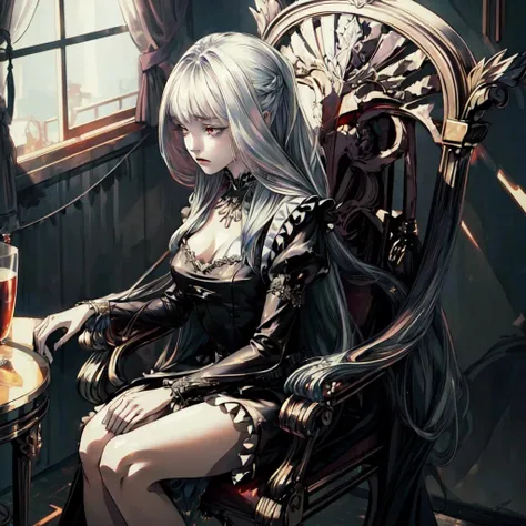 (masterpiece:1.2), best quality, <lora:Whitegirl:0.85>,   Whitegirl,long hair,  beautiful sunlight,party dress,black dress, neckline, high heel,legs,sitting, beautiful chair,  (melancholy:1.1),((sad:1.2)) <lora:Beautifuleyes:0.5>, beautiful eyes, <lora:Adddetail:0.5>, add_details, medium breasts, best quality, ultra detailed, absurdres,8K, (best illustration), (best shadow), red eyes