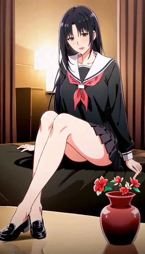 camellia, flower, red_flower, red_rose, rose, katana, 1girl, pink_rose, pink_flower, spider_lily, shoes, long_hair, school_uniform, serafuku, sheath, skirt, solo, sheathed, vase, looking_at_viewer, sitting, orange_flower, pleated_skirt, rose_petals, black_shirt, black_legwear, black_skirt, hibiscus, very_long_hair, parted_lips, loafers, sailor_collar, black_hair, neckerchief,<lora:mothe_(20):0.8>
