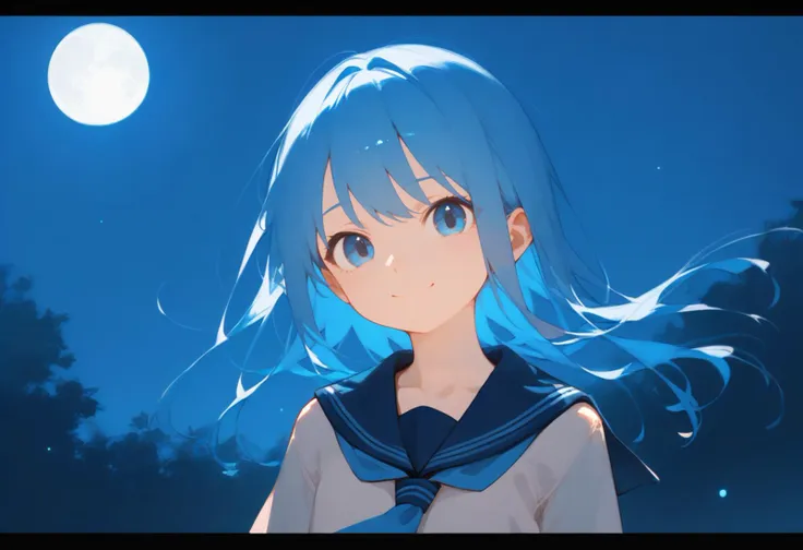 score_9, score_8_up, score_7_up, source_anime, 1girl, skinny, petite, flat chest, happy, head tilt, smile, jewellery, accessories, school uniform, blue hair, blue theme, night, moon, letterboxed,