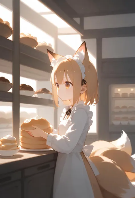 score_9, score_8_up, 1girl, cute, solo, symmetry, straight on, upper body, fox ears, fox tail, kyuubi, multiple tails, small breasts, animal ear fluff, (ear tufts:1.2), maid, pastry, shop, standing, old shop, old interior, cozy, comfy, soft lighting, warm lighting