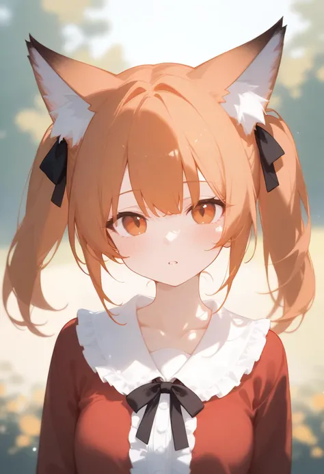 score_9, score_8_up, 1girl, animal ears, solo, twintails, animal ear fluff, looking at viewer, outdoors, upper body, fox ears, orange hair, blurry background, blurry, parted lips, blush, orange eyes, ribbon, shirt, neck ribbon, depth of field, fox girl, collarbone, day, red shirt, frills