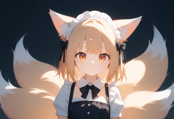 score_9, score_8_up, 1girl, cute, solo, symmetry, straight on, upper body, fox ears, fox tail, kyuubi, multiple tails, small breasts, animal ear fluff, (ear tufts:1.2), maid, standing, soft lighting, warm lighting