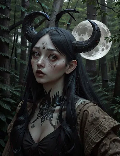 woman in a forest looking at viewer <lora:Witch:1> horns, horror (theme), tattoo, makeup, realistic, moon