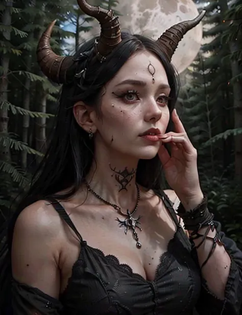 woman in a forest looking at viewer with horns, horror (theme), tattoo, makeup, realistic, moon <lora:witch_style-10:0.4> witch_style