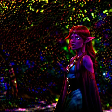 redhead elf princess with pointy ears and a diadem crown, fluorescence, crying, open-mouth, portrait (outdoor:1.7) photography, full body, healing aura, (royal dress:1.3)