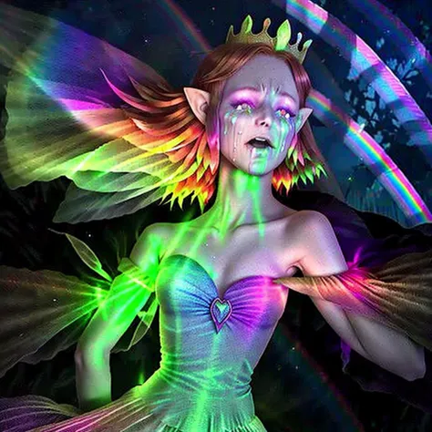 redhead elf princess with pointy ears and a diadem crown, (open crying eyes:1.4), (fluorescence rainbow:1.4), open-mouth, portrait (outdoor:1.4) photography, (dawn:1.3), full body, healing aura, (royal dress:1.3)