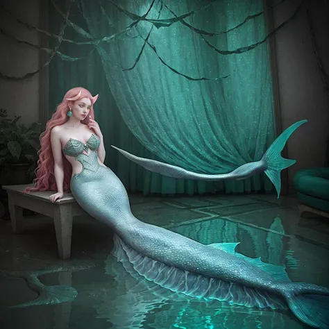 (beautiful mermaid princess with pointy_ears:1.3), (fluorescence rainbow aura:1.1) scaled gem (dress:1.3), (tears:0.7), (open-mouth:0.7), (crying:0.1), (greeneyed:1.2), (redhead:0.1), (indoor:1.3) underwater photography, Jessica Rabbit, irelia, sitting on water surface mirror, deep sea tentacles