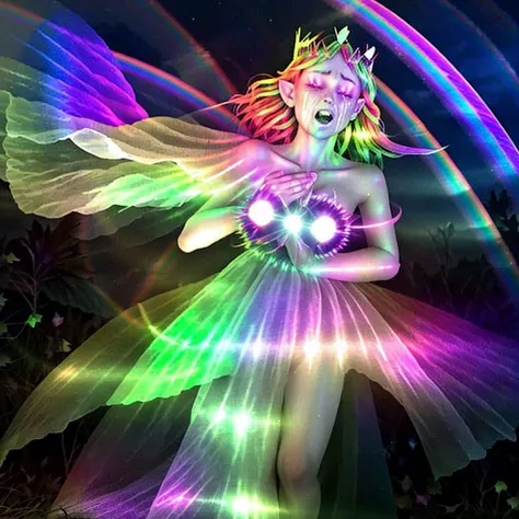beautiful redhead elf princess with pointy ears and a diadem crown, (open crying eyes:1.4), (fluorescence rainbow:1.4), open-mouth, portrait (outdoor:1.4) photography, (dawn:1.37), full body, healing aura, (royal dress:1.3)