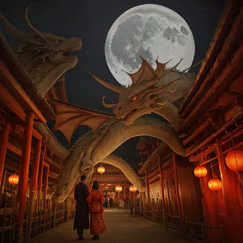 (dragon:1.3), smaug, (moon:1.3), festival, fireworks, cherry blossom, Chinese lanterns, (Tori gate:0.5), temple, shrine maiden, miko, magic, photography