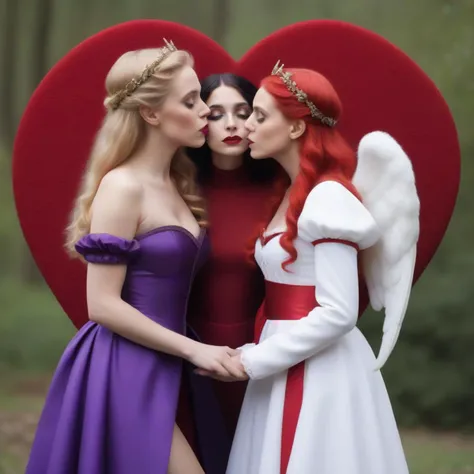 elf princess fairy angel, (purple hair:0.3), outdoor photography, (jessica rabbit:0.8), (anna popplewell:0.8), (person:0.9), (indigenous:0.1), queen of hearts valentines day card, 2girls (kissing:1.3), (heart:1.3), heart-shaped, roses