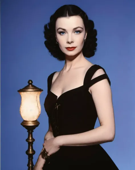 vivienleigh <lora:vivienleigh:0.7>, Best quality, masterpiece, ultra high res, (photorealistic:1.4), 1girl, a woman in a black dress posing for a picture with a lamp in front of her and a blue background