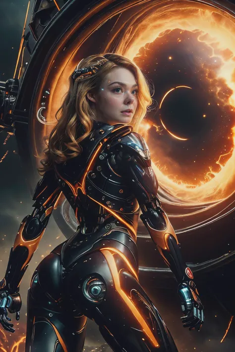 (best quality, photorealistic, masterpiece:1.3), 20 year old girl, cute and adorable, very long hair, blonde hair, (disheveled:1.3), round ass, solo, half shot, looking down, detailed background, detailed face, (victorian theme:1.1), intense expression, dynamic pose, glass-cyborg, (made of glass:1.1), translucent, colorful, warrior, glass armor, dirty glass, mechanical, power source, surging power, floating particles, crackling electricity, crater in background, cinematic atmosphere,, highly detailed textures, intricate details, <lora:InfraBlackholeTech-20:0.7>, inblackholetech ,scifi, blackhole, excessive energy, <lyco:ellefanning_lycor_02-000003:1>, ellefanning-smf