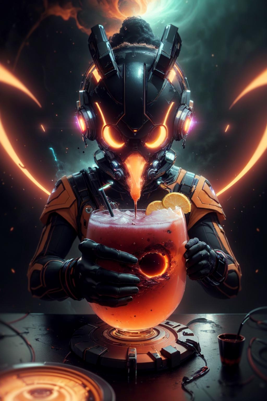 A man in a suit holding a drink with glowing eyes - SeaArt AI