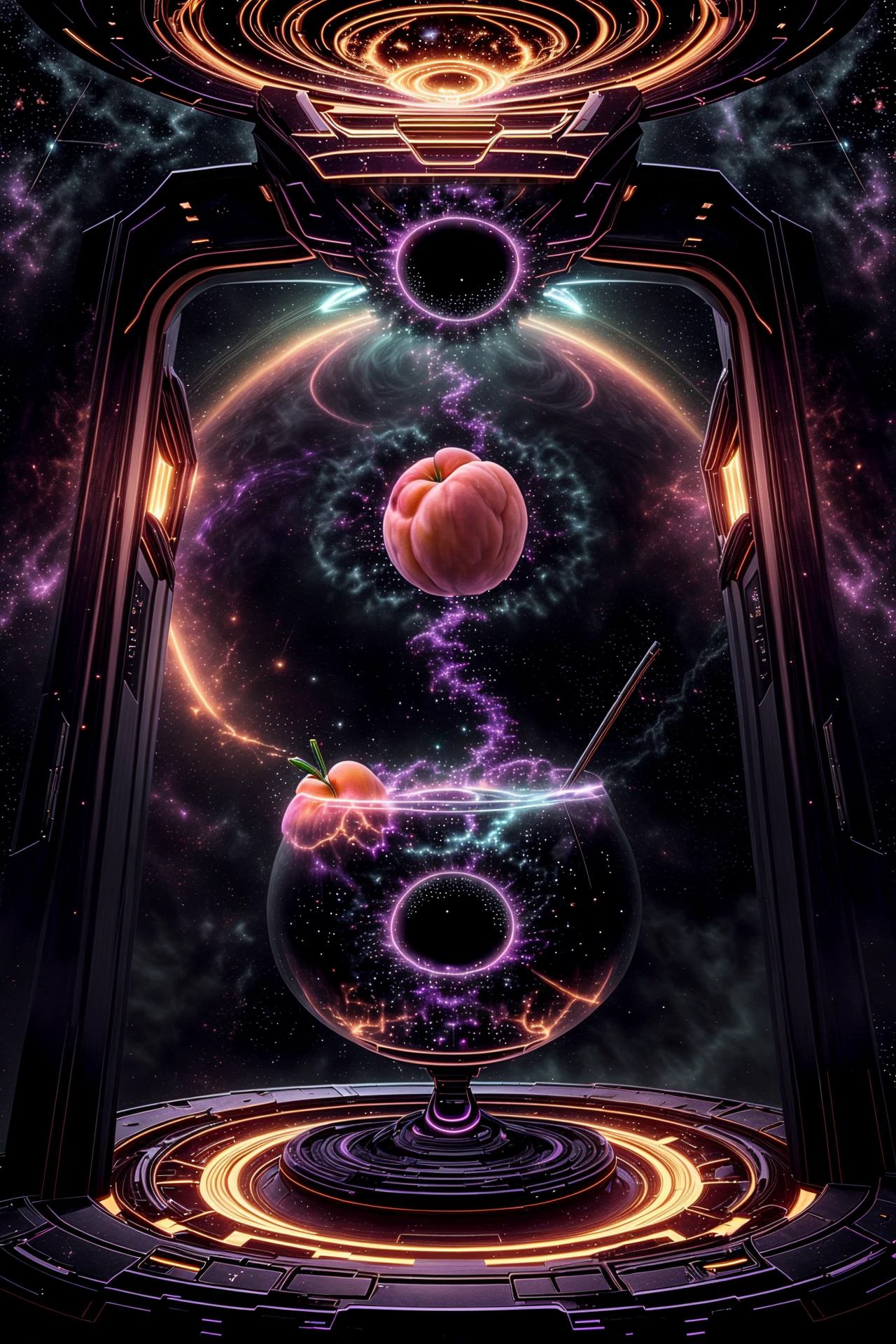 (purple excessive energy:1.6), swirly (fractal art:1.4), (spaceship interior:1.2), shooting star background,
ADDCOMM
<lora:style-infrablackholetech:1.0> <lora:add_detail:1.0> <lora:shooting_star:0.4> (symmetrical:1.4), side view of a (fruity inblackholetech cocktail:1.5), inblackholetech artifact, masterpiece, best quality, 16k, 8k, ultra highres, absurdres, highres, dramatic lighting, accurate, sharp focus, intricate details, (product image:1.4),
ADDBASE
(decorative peach half, strawberry:1.4), (stainless steel drinking straw:1.1), levitating (perfectly plump peach:1.4),
ADDROW
(decorative fruit:1.2), futuristic inblackholetech tabletop,