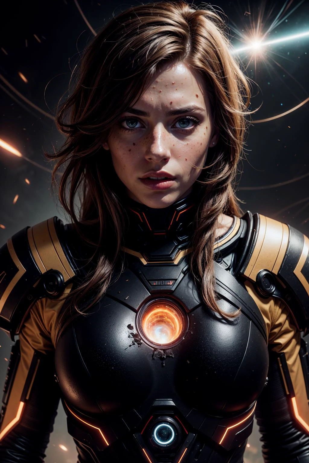 high quality, <lora:add_detail_v5:0.8>,
1 girl, adult woman, freckles, light blue eyes, medium brown messy hair,
Style-GravityMagic, portrait, looking at viewer, solo, upper body, detailed background, close up, ( <lora:InfraBlackholeTech:0.6>, scifi, inblackholetech theme:1.1), superhero, aggressive expression, dynamic pose, cape, cinematic atmosphere,