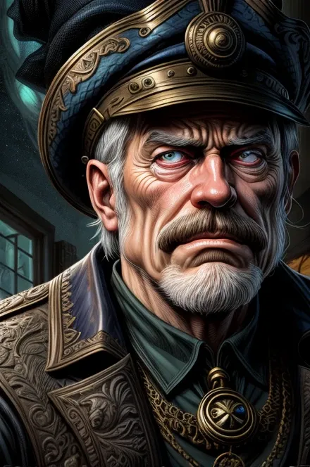 (1man, wrinkled face, old  male:1.2), wise,  brown eyes, gray hair, mustache,  portrait, solo, half shot, looking down, detailed background, detailed face, (<lora:InfraBlackholeTech:0.6>,    inblackholetech theme:1.1), ship captain, calm, dark blue elaborate sailor uniform,  bicorn hat, navy flag,  in dock, sails,   ship wheel,  ocean waves in background, starry sky, dramatic lighting,  tense atmosphere, BREAK
in the style of Clyde Caldwell:1.3  <lora:neg4all_bdsqlsz_V3.5:1> <lora:LORA-XenoDetailer-v2:1>