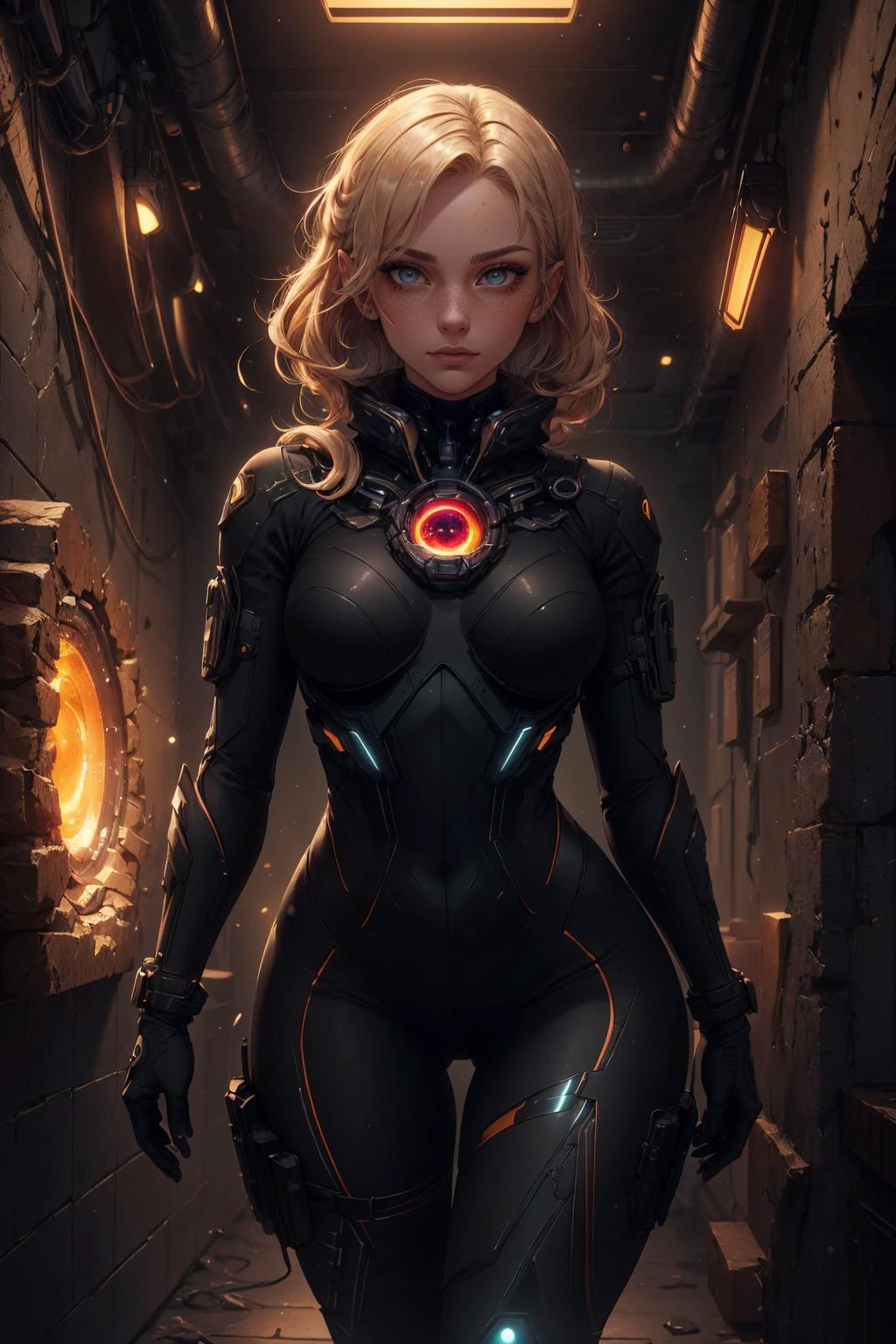 beautiful and detailed illustration, pop art, masterpiece, best quality, ultra-detailed, soft lighting, cinematic shot, vibrant colors, gorgeous colors, <lora:add_detail:0.3>, <lora:stylesqueeze_v2:0.5>,
1 girl, adult (elven:0.7) woman, freckles, ruby eyes, medium blonde lob hair,
<lora:GoodHands-beta2:0.8>,
solo, (full body:0.6), looking at viewer, detailed background, detailed face, (<lora:InfraBlackholeTech:0.6>, inblackholetech theme:1.1), spy, stealth, subterfuge, espionage, intrigue, heist, infiltration, intelligence, gadgets, orange spy clothes, secret passage in background, low light, cinematic atmosphere,