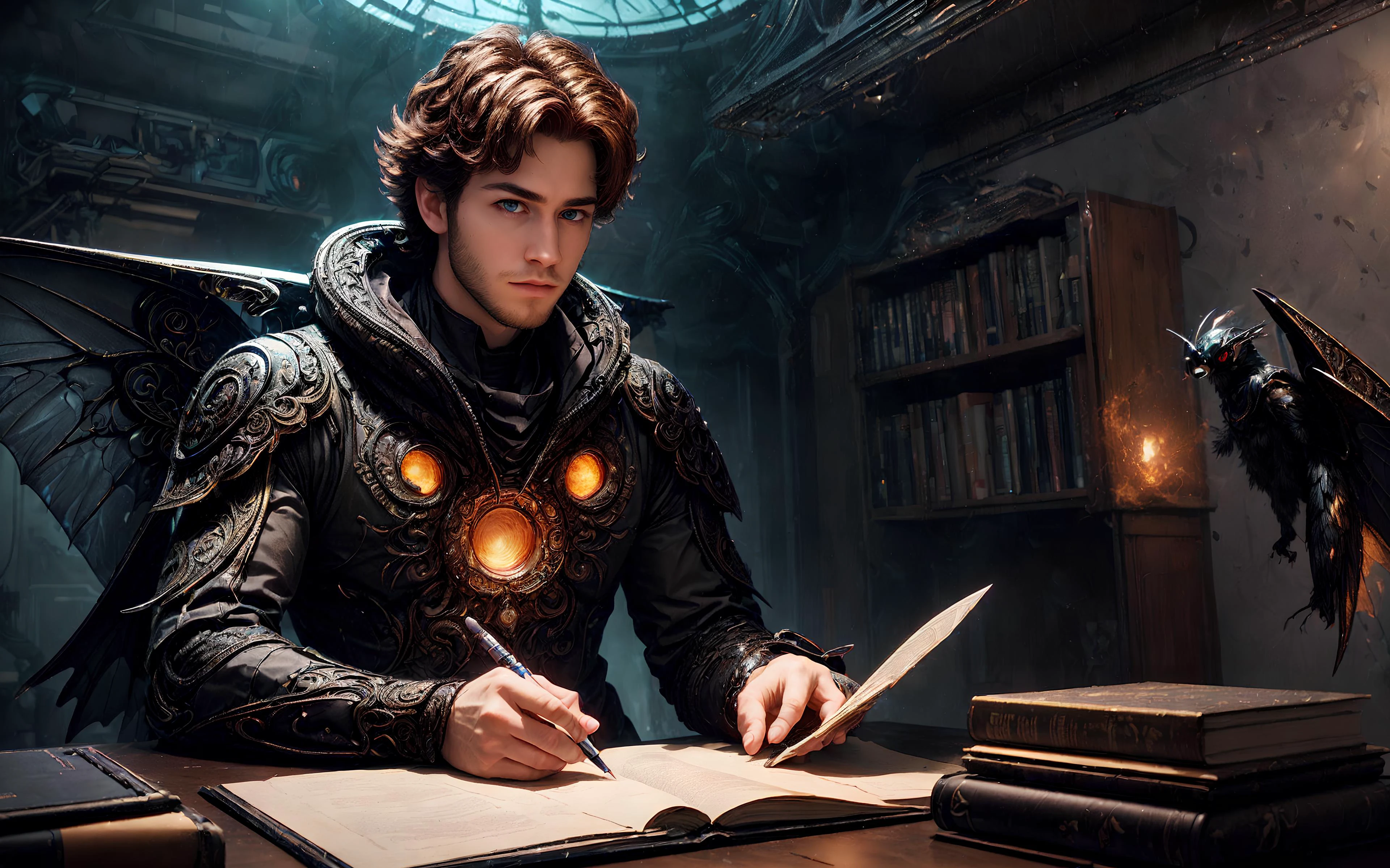 masterpiece, epic, majestic, best quality, very high resolution, 8k, hdr, digital photography, dynamic pose, studly 24 years old (male Mothman:1.2) armorer, black eyes, (chestnut hair, mutton chops:1.1), looking at camera with a serious expression, (Style-GravityMagic:0.7), solo, half shot, looking away, detailed background, detailed face, intricate details, (<lora:InfraBlackholeTech:0.6>, scifi, excessive energy, inblackholetech theme:1.1) novice sitting at desk, simple clothes, writing, awestruck, clutter, surrounded by books, maps, notes, scrolls, swirling magical symbols, ledger, cryptic device, magic aura, floating magical symbols, ancient magic, knowledge, thought, study room in background, filtered light, magical fantasy atmosphere,, (iridescent:0.7), (transparent:0.8), (translucid:0.8), (reflection:0.6), (refraction:0.3), (diffraction:0.3), (caustics:0.3), volumetric lights, volumetric shadows, (subsurface scatering:0.4), physically based rendering, (intricate details:1.3), hyperdetailed, ultrarealistic, (sharp focus:1.2) <lora:hyperdenoiser_v090:1.8> <lora:add_detail:1.5>