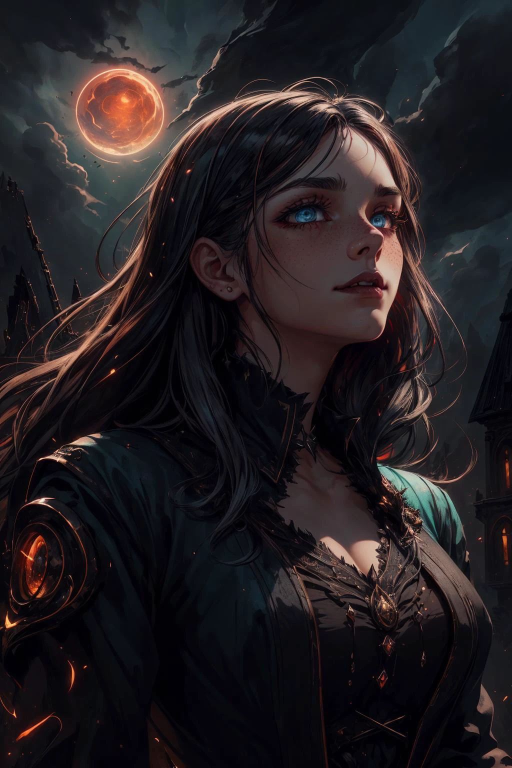 beautiful and detailed illustration, pop art, masterpiece, best quality, ultra-detailed, soft lighting, cinematic shot, vibrant colors, gorgeous colors, <lora:add_detail:0.3>, <lora:stylesqueeze_v2:0.5>,
1 girl, adult french woman, freckles, aquamarine eyes, light brown textured hair,
portrait, solo, (full body:0.6), looking up, detailed background, detailed face, (<lora:InfraBlackholeTech:0.6>, warp, inblackholetech theme:1.1) vampire, bloodthirsty, vampire fangs, tattered vampire clothes, high collars, brooding, dark expression, blood stains, supernatural abilities, red glow, abandoned mansion in background, red moon, dark clouds, dark night, shadows, eerie atmosphere,