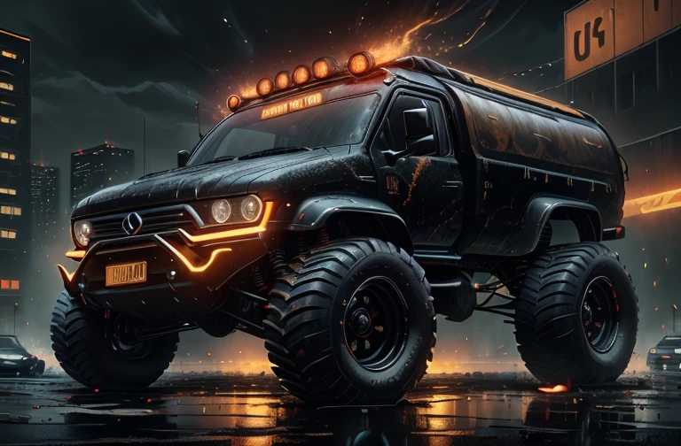 (battlecar:1.1), (city bus:1.08), (painted pearl black:1.05), vehicle focus, no humans, car, wheel, tire, debris, oil slick, dripping, skid marks, dirty <lora:BattleCars_v2_50_clip2_R-128:0.41><lora:InfraBlackholeTech:0.6>, excessive energy, inblackholetech, in the style of Twisted Metal video game, large format photography, masterpiece, best quality, absurdres, detailed, ultra-detailed, max detail, 4k uhd