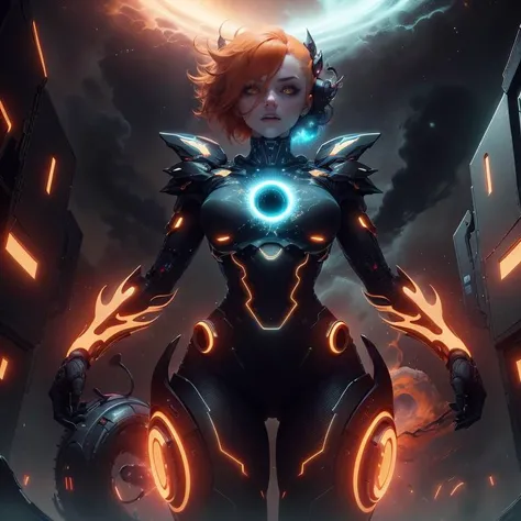 <lora:InfraBlackholeTech-20:0.8>, inblackholetech ,scifi, blackhole, excessive energy, monster girl, orange hair , glowing hair ,
living weapon , colored skin,